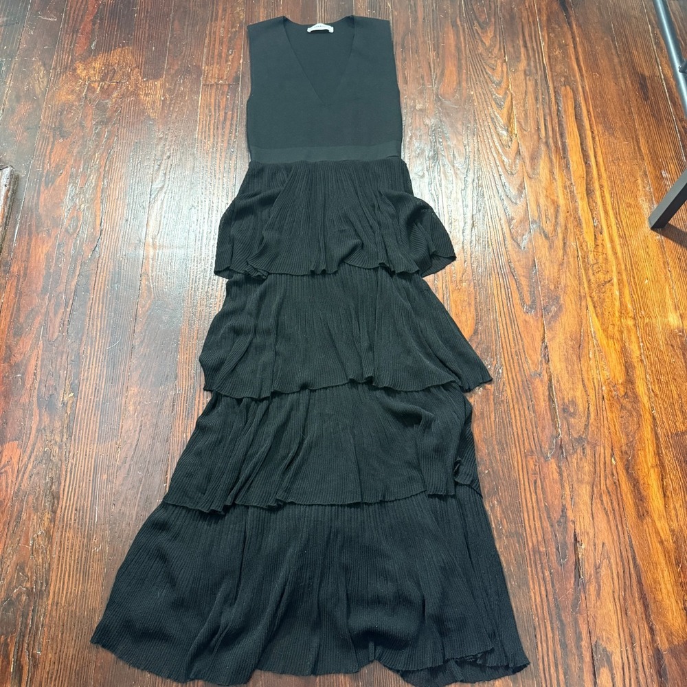 Zara Knit Dress Womens Small Black Maxi V Neck Layered‎ Ruffled Long Sleeveless